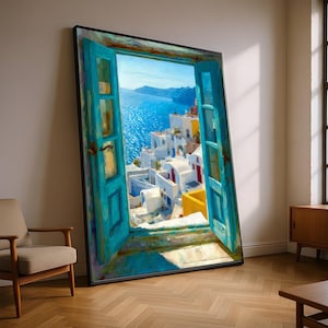 Könnte beinhalten: Großformatiges, gerahmtes Gemälde, das eine Küstenlandschaft durch ein türkisfarbenes Fenster zeigt. Das Kunstwerk zeigt weiße Gebäude mit roten Akzenten vor blauem Meer und Himmel. Der Fensterrahmen weist sichtbare Pinselstriche auf.