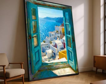Mittelmeer-Blick auf Leinwand, Blaue Fenster Wandkunst, Santorini Landschaftsmalerei, Küstendekoration, Lebendige Meerszene Leinwand