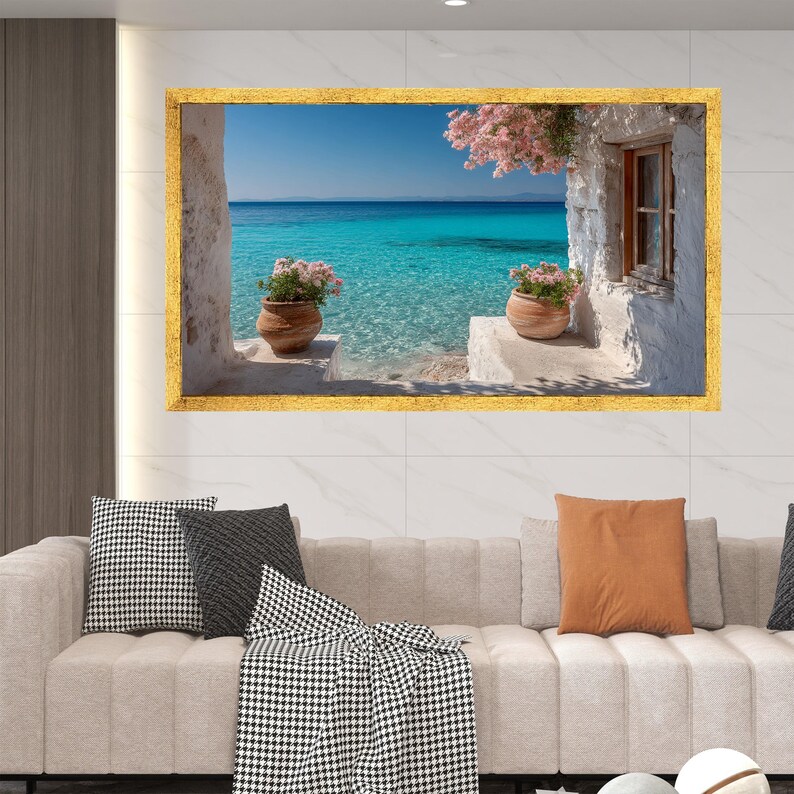 Mittelmeer-Meerblick, Küstenwohndekor, rustikale weiße Häuschen-Wandkunst, türkisfarbene Ozeanlandschaft, Blumentopf-Leinwandkunst, entspannend Bild 6