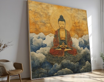 Meditating Buddha Canvas Wall Art, Spiritual Zen Home Decor, Lotus Flower Illustration, Sacred Buddha Painting, Peaceful Meditation Artwork