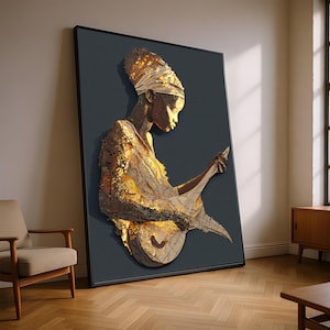 African Woman Playing String Instrument Canvas, Intricate Paper Art Style, Cultural Music Wall Decor, Ethnic Home Decoration, Unique Canvas