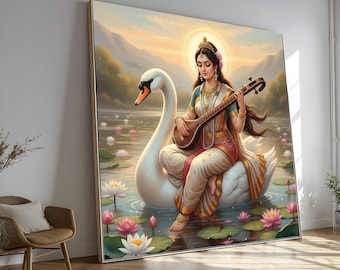 May include: A framed artwork depicts a woman playing a stringed instrument while seated on a white swan. The woman wears a gold crown and traditional clothing. The background shows a lake with lotus flowers and a sunset.
