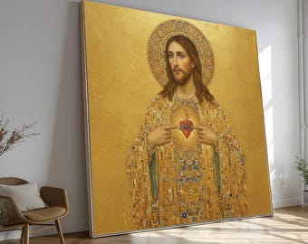 Może przedstawiać: Duże, oprawione dzieło sztuki przedstawiające Jezusa Chrystusa. Dzieło ma złote tło i przedstawia Jezusa z aureolą, wskazującego na płonące serce na piersi. Dzieło jest w złotej ramie.