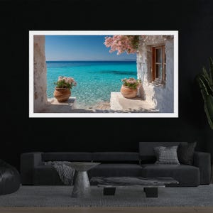 Mittelmeer-Meerblick, Küstenwohndekor, rustikale weiße Häuschen-Wandkunst, türkisfarbene Ozeanlandschaft, Blumentopf-Leinwandkunst, entspannend Bild 3