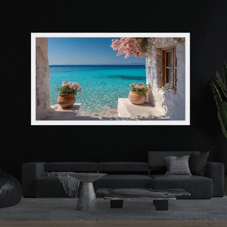 Mittelmeer-Meerblick, Küstenwohndekor, rustikale weiße Häuschen-Wandkunst, türkisfarbene Ozeanlandschaft, Blumentopf-Leinwandkunst, entspannend Bild 3