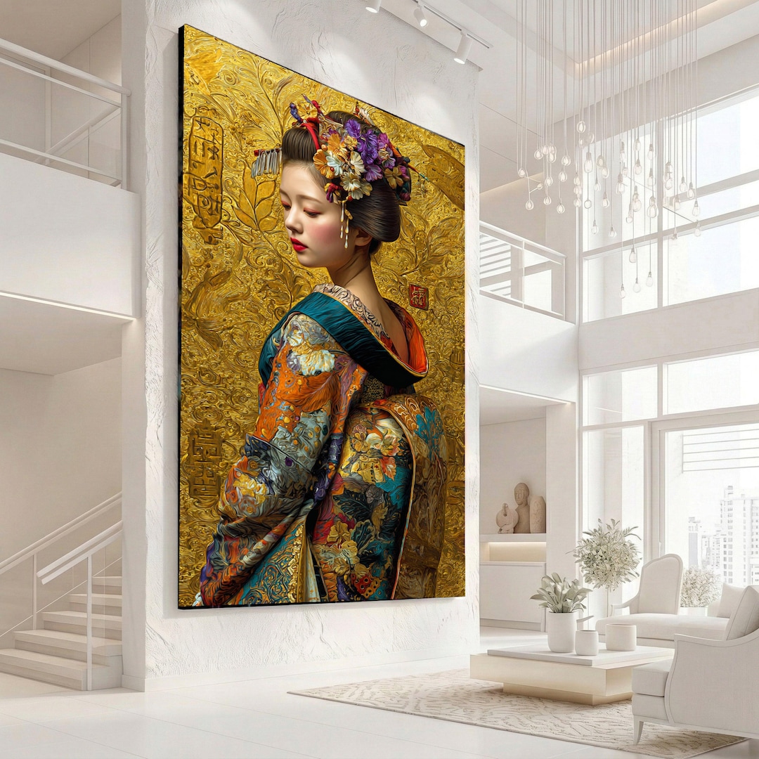 Elegant Geisha Portrait Canvas, Japanese Traditional Kimono Wall Art ...