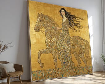 Gustav Klimt Woman on Horse Canvas, Art Nouveau Wall Art, Golden Decorative Canvas, Classic Fine Art Print, Home Decor Painting