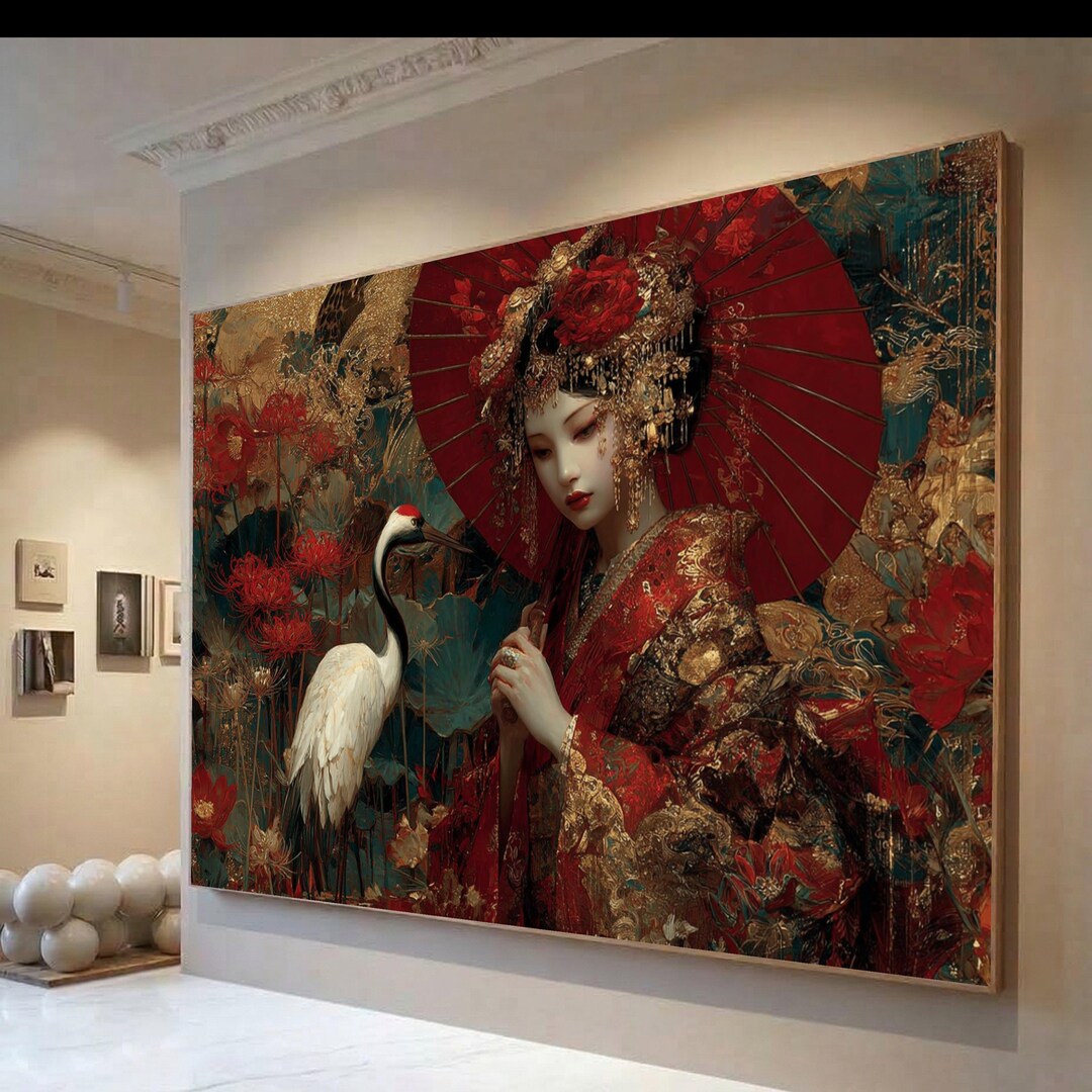 Elegant Japanese Geisha With Red Umbrella Canvas, Traditional Kimono ...