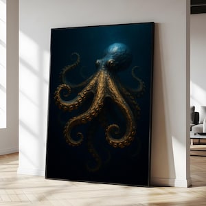 Golden Octopus Marine Art Print: Elegant Underwater Artwork