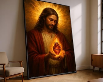 May include: A framed religious artwork depicts a figure with long brown hair and a beard, wearing a red robe and holding a flaming heart. The background features a golden, radiant light. The artwork is leaning against a wall.