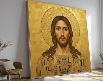 Gustav Klimt Jesus Porträt Leinwand, Gold religiöse Wandkunst, spirituelle Leinwand im byzantinischen Stil, christliches Wohndekor