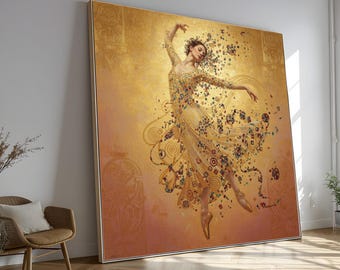 Golden Ballet Dancer Canvas Wall Art, Gustav Klimt Dance Painting, Elegant Contemporary Art, Modern Home Decoration