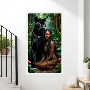 Majestic Black Panther and Tribal Woman Canvas, Exotic Jungle Wall Art, Ethnic Portrait Decor, Powerful Wildlife and Nature Canvas, African image 3