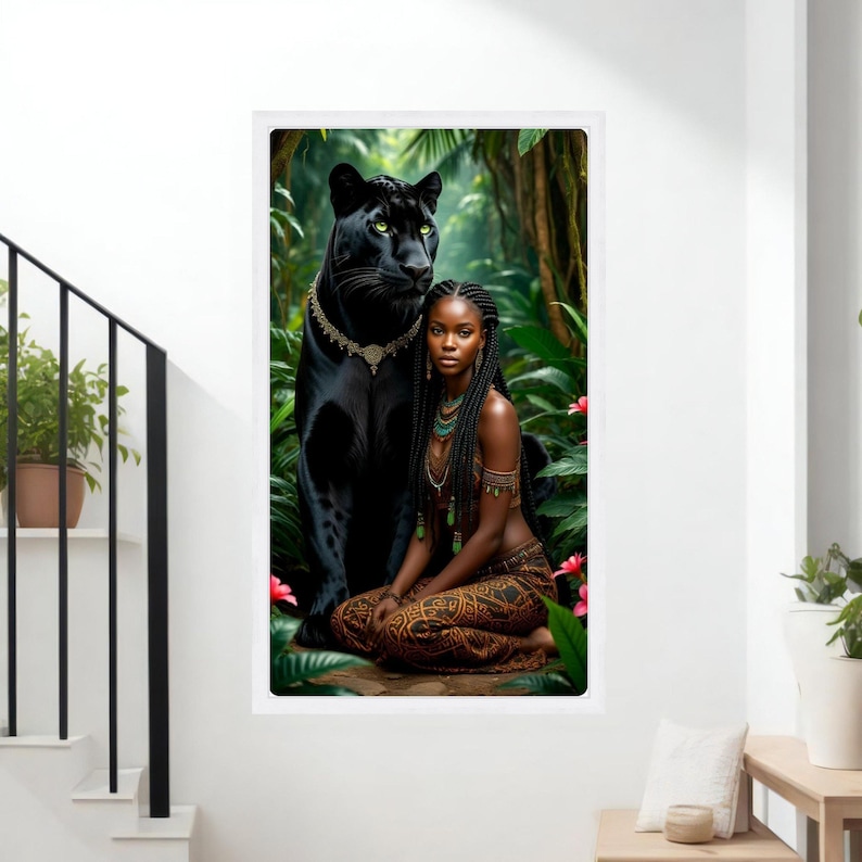 Majestic Black Panther and Tribal Woman Canvas, Exotic Jungle Wall Art, Ethnic Portrait Decor, Powerful Wildlife and Nature Canvas, African image 3