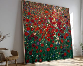 Gustav Klimt Poppy Field Canvas, Red Floral Wall Art, Vibrant Garden Flowers, Nature Landscape Canvas, Colorful Home Decor, Ready to Hang