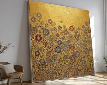 Gustav Klimt Floral Mosaic Canvas, Golden Flower Art, Decorative Garden Wall Art, Elegant Home Canvas, Artistic Wall Decoration