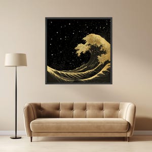 Golden Ocean Wave Canvas, Starry Night Sky Art, Modern Sea Landscape Print Black Frame