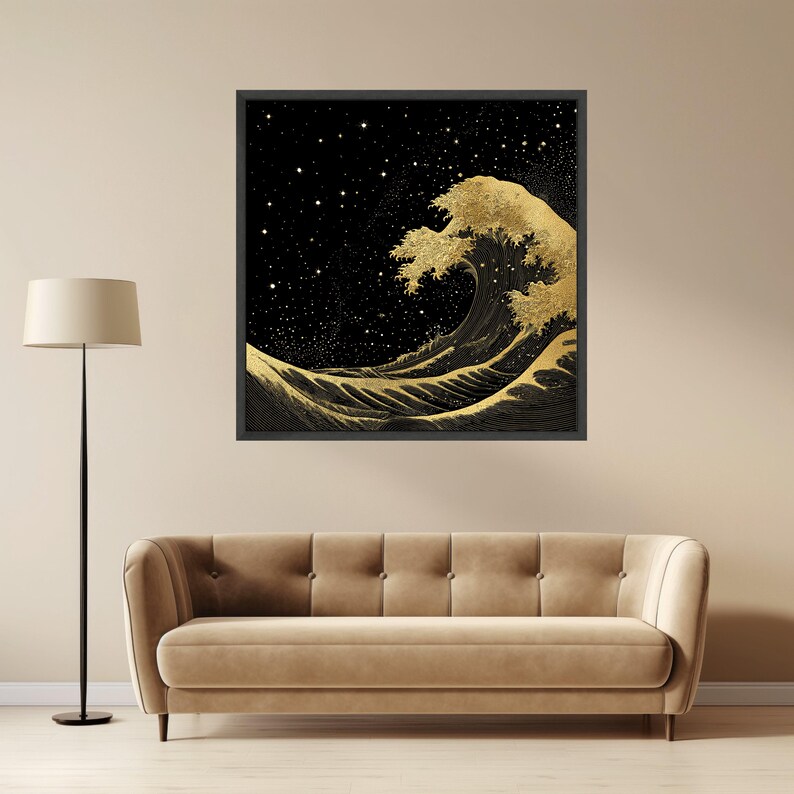 Golden Ocean Wave Canvas, Starry Night Sky Art, Modern Sea Landscape Print Black Frame