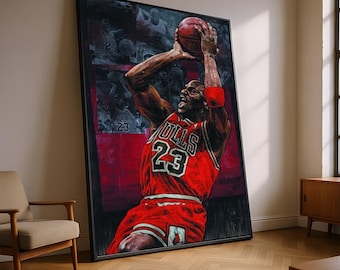 Legendary Basketball Action, Michael Jordan Bulls Jersey Canvas, Sports Wall Art, Iconic NBA Player Canvas, Athletic Home Decor
