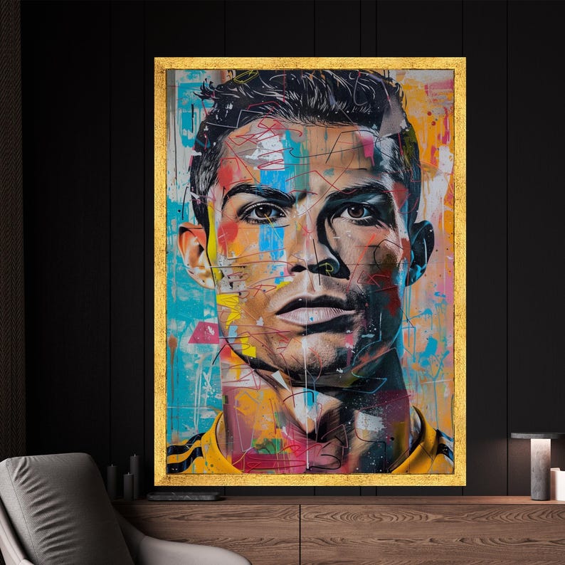Vibrant Abstract Portrait Canvas, Modern Urban Wall Art, Colorful Graffiti Face Canvas, Contemporary Male Artwork, Home Décor Canvas Print Gold Frame
