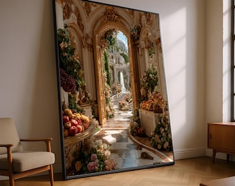 Luxuriöse Garteneingangs-Leinwand, Barocke Innenwandkunst, Blumentorbogen-Dekor, Elegante Hauptdekoration, Klassische Brunnenlandschaft