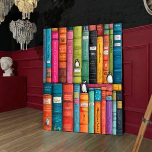 May include: A vibrant artwork showing a stack of books with spines in a range of colours, including blue, green, pink, and orange. Small penguin figures are placed on some of the books. The books are arranged to create a visually appealing display.