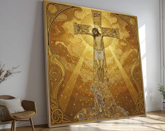 Gustav Klimt Crucifixion Canvas, Religious Wall Art, Gold Jesus Cross, Symbolic Christian Canvas, Spiritual Home Decor, Art Nouveau Style