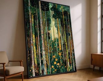 Betoverd bos canvas muurkunst, Gustav Klimt natuurschilderij, bloemen boslandschap, artistiek interieur, klaar om op te hangen
