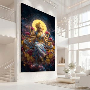 Puede incluir: Gran impresión artística en lienzo que representa una deidad de múltiples brazos con un halo dorado, sentada entre dos tigres. La obra de arte presenta colores vibrantes, incluyendo oro, azul y rosa, sobre un fondo cósmico. La impresión se exhibe en un espacio habitable moderno y bien iluminado.