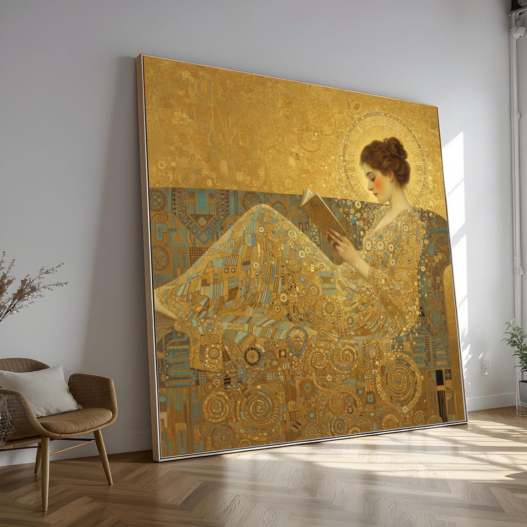 Elegant Woman Reading, Gustav Klimt Canvas, Art Nouveau Wall Art, Gold ...