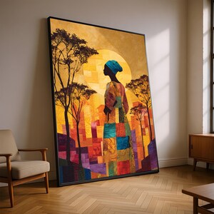 African Woman Silhouette Canvas, Vibrant Patchwork Dress Art, Sunset Urban Landscape, Ethnic Wall Decor, Colorful Home Canvas Art