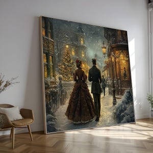 May include: A framed artwork depicts a snowy Christmas scene. A couple walks down a snow-covered street, past decorated buildings and a Christmas tree. The artwork is in a large, rectangular frame with a gold-colored border. The color palette includes browns, greens, and golds.