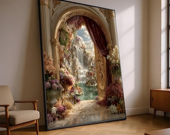 Elegante goldene Torbogen Leinwand, Blick auf den Blumengarten, Wasserfall Landschaft Wandkunst, Luxus Wohnkultur, klassische Naturszene Leinwand