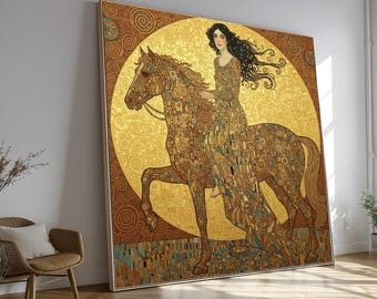 Gustav Klimt Style Woman on Horse Canvas, Abstract Geometric Art, Golden Decorative Wall Art, Modern Symbolism Canvas, Elegant Home Decor
