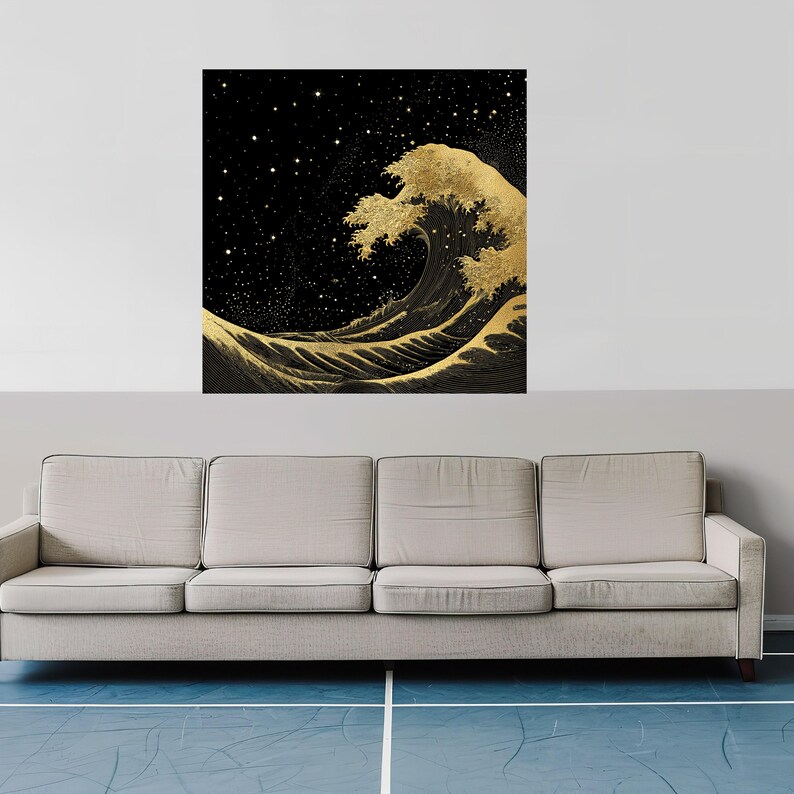 Golden Ocean Wave Canvas, Starry Night Sky Art, Modern Sea Landscape Print StretchedWood Canvas
