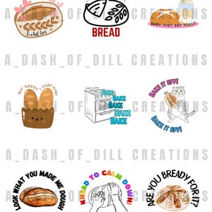 May include: A collection of whimsical illustrations featuring baked goods and baking-related puns. Designs include bread loaves, a loaf of bread with the text "It's a loaf story", and a cat holding bread with the text "Bake it off!"