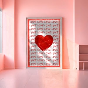 Red Love Heart Wall Art – Romantic Minimalist Digital Poster, Hand Painted Heart Print, Valentine’s Day Gift, Love Handwriting Decor