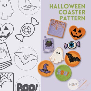 以下が含まれることがあります： ハロウィーンのコースターパターン。お化け、カボチャ、魔女の帽子、キャンディーなどのデザイン。コースターはオレンジ、紫、緑色。テキスト「Halloween Coaster Pattern」が表示されています。