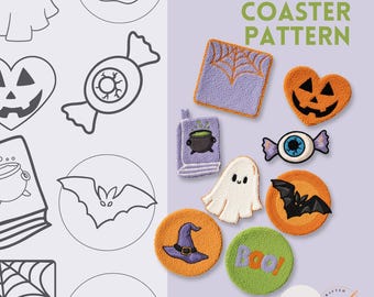 以下が含まれることがあります： ハロウィーンのコースターパターン。お化け、カボチャ、魔女の帽子、キャンディーなどのデザイン。コースターはオレンジ、紫、緑色。テキスト「Halloween Coaster Pattern」が表示されています。