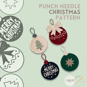 May include: A selection of handmade Christmas ornament patterns. The ornaments are round, featuring designs like a Christmas tree, a bow, and the text "Merry Christmas". The colour scheme includes red, green, cream, and navy blue.