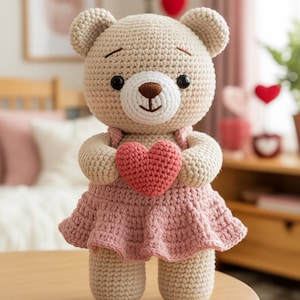 Può includere: Un orsacchiotto all'uncinetto beige con un vestito rosa, che tiene un cuore rosso. L'orso ha occhi neri e un naso marrone. Il vestito ha una gonna a balze. L'orso è seduto su un tavolo di legno.