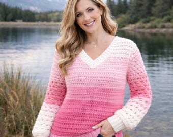 V-Neck Ombre Crochet Sweater Pattern | Women’s Long Sleeve Crochet Pullover | Easy to Intermediate Crochet Pattern PDF