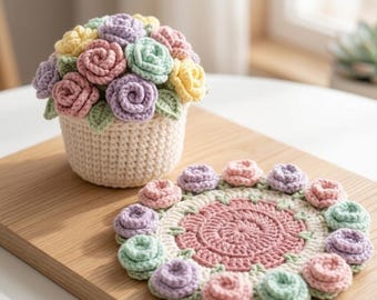 Bloomy Crochet Flower Coaster Pot Pattern Bundle | Sunflower, Rose, Daisy Coasters with Pot | Beginner Friendly | PDF Instant Download