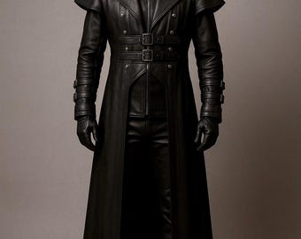 Handmade Steampunk Leather Trench Coat - Genuine Cow Leather