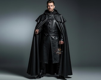 Handmade Black Leather Hooded Cloak & Coat: Renaissance Medieval Cosplay