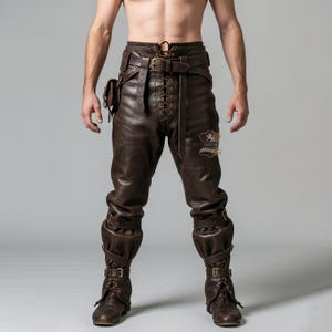 Könnte beinhalten: Braune Lederhose mit mehreren Gürteln, Schnallen und einer kleinen Tasche. Die Hose hat eine geschnürte Vorderseite und wird mit passenden braunen Stiefeln getragen. Das Design erinnert an historische oder Fantasy-Themen.