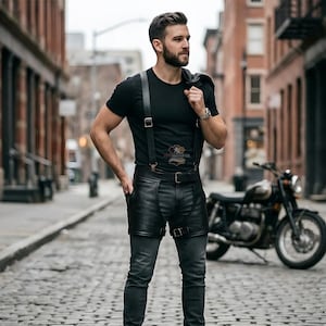 May include: A black t-shirt paired with black leather chaps featuring adjustable metal buckles and straps. The chaps are worn over dark grey trousers, complemented by black leather suspenders with metal hardware. A black jacket is draped over one shoulder.