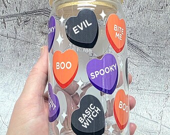 Halloween Conversation Hearts Glass Cup with Bamboo Lid and Straw