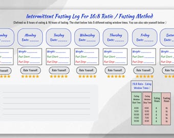 Weekly Intermittent Fasting Log, 16:8 Ratio Fasting Method, Printable Diet Tracker, Daily Weight Loss Journal, Digital PDF Health Planner