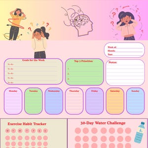 May include: A weekly dashboard planner for the ADHD/Neurodivergent mind featuring sections for goals, priorities, notes, daily tasks, an exercise habit tracker, and a 30-day water challenge. The layout includes illustrations of people and a brain.